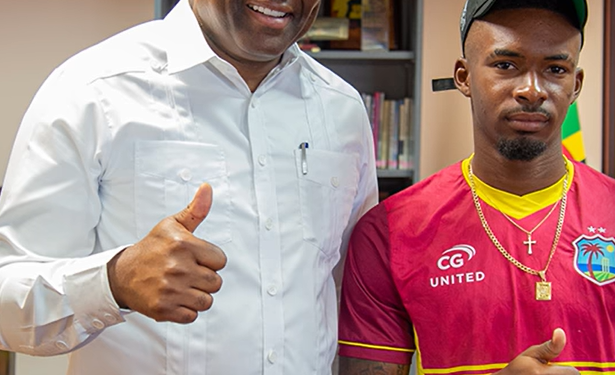 PM Roosevelt Skerrit greets Alick Athanaze on his selection to West Indies test side 