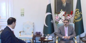 PM Kakar meets CM Arshad Hussain Shah, asks to assists EC to hold free, fair elections (Image Courtesy: Twitter/PMO Pakistan)