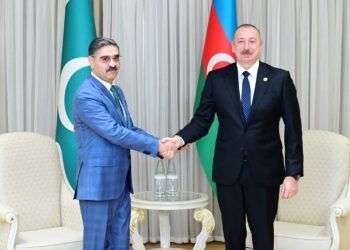 Caretaker PM Kakar meets Azerbaijan Prez Ilham Aliyev on sidelines of ECO Summit (Image Courtesy: Twitter/PMO Pakistan)