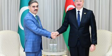 Caretaker PM Kakar meets Azerbaijan Prez Ilham Aliyev on sidelines of ECO Summit (Image Courtesy: Twitter/PMO Pakistan)